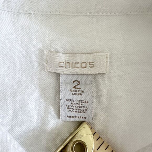Chico’s White Button Front Shirt Size 2 Roll Tab Sleeves Utility Top - Picture 5 of 10